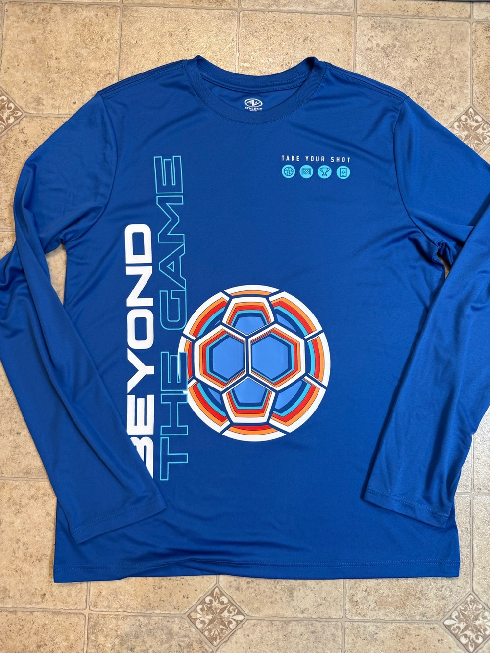 Boys Athletic works Long Sleeve Blue Polyester Soccer T-Shirt Sz 14/16